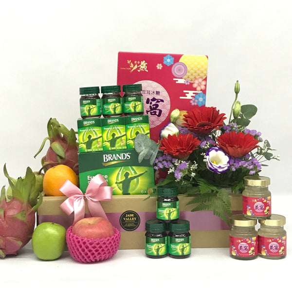 Fruits & Health Food Hamper with Fresh Cut Flowers | HF218 - Jade Valley Gifts & Floral Design Centre