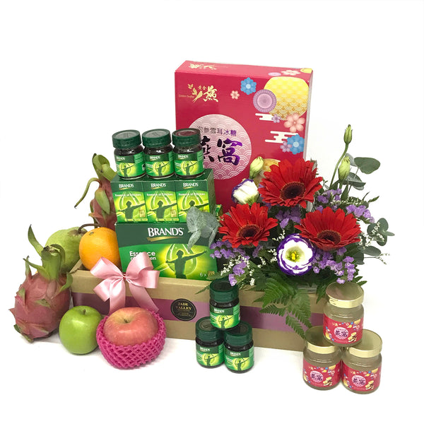 Fruits & Health Food Hamper with Fresh Cut Flowers | HF218 - Jade Valley Gifts & Floral Design Centre