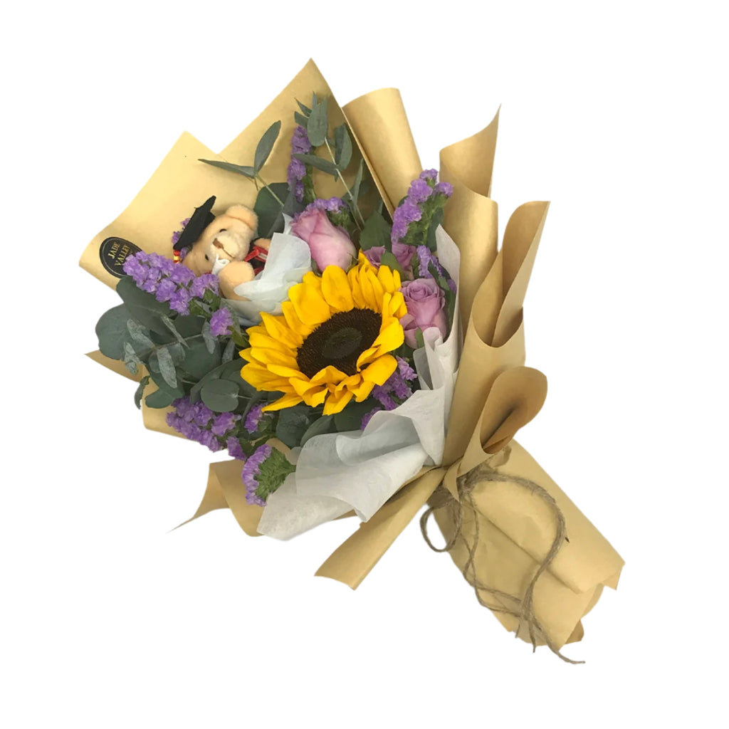 Graduation Hand Bouquet with Roses and Sunflowers | BQ142 - Jade Valley Gifts & Floral Design Centre