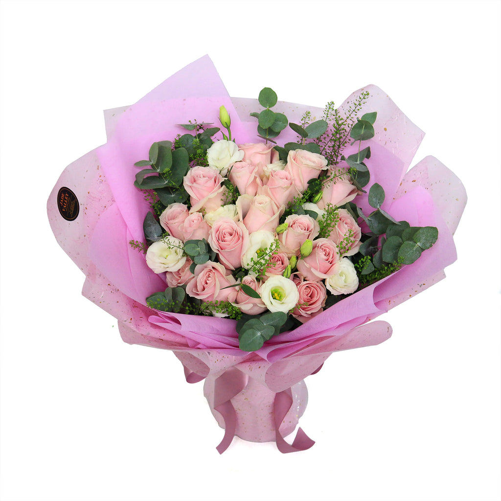 Hand Bouquet of  Pink Roses and Eucalyptus |V6 - Jade Valley Gifts & Floral Design Centre