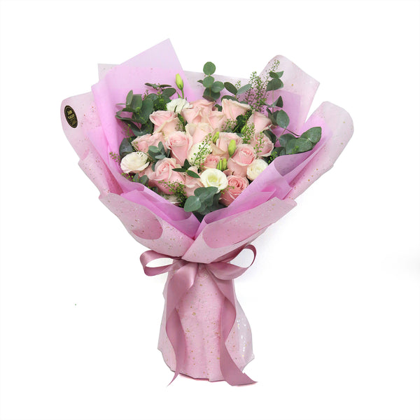 Hand Bouquet of  Pink Roses and Eucalyptus |V6 - Jade Valley Gifts & Floral Design Centre