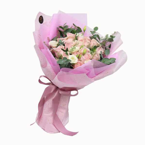 Hand Bouquet of  Pink Roses and Eucalyptus |V6 - Jade Valley Gifts & Floral Design Centre