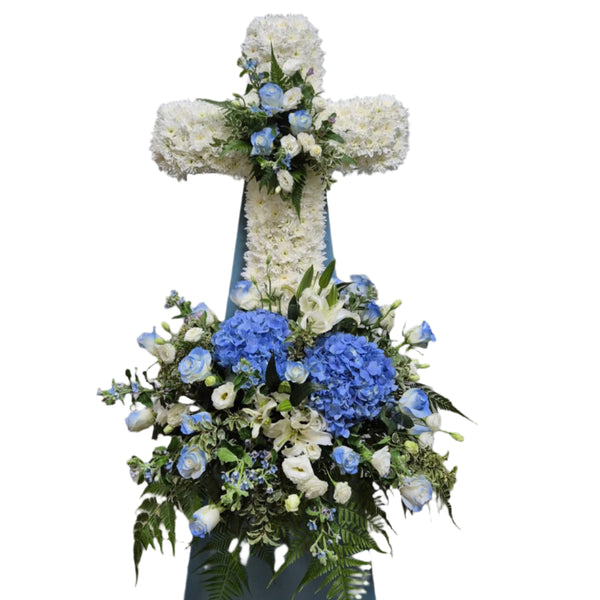 Cross Wreath with Hydranga & Eustoma | C438 - Jade Valley Gifts & Floral Design Centre