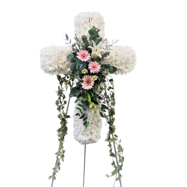 Cross Wreath with Gerber Daisies | C420 - Jade Valley Gifts & Floral Design Centre