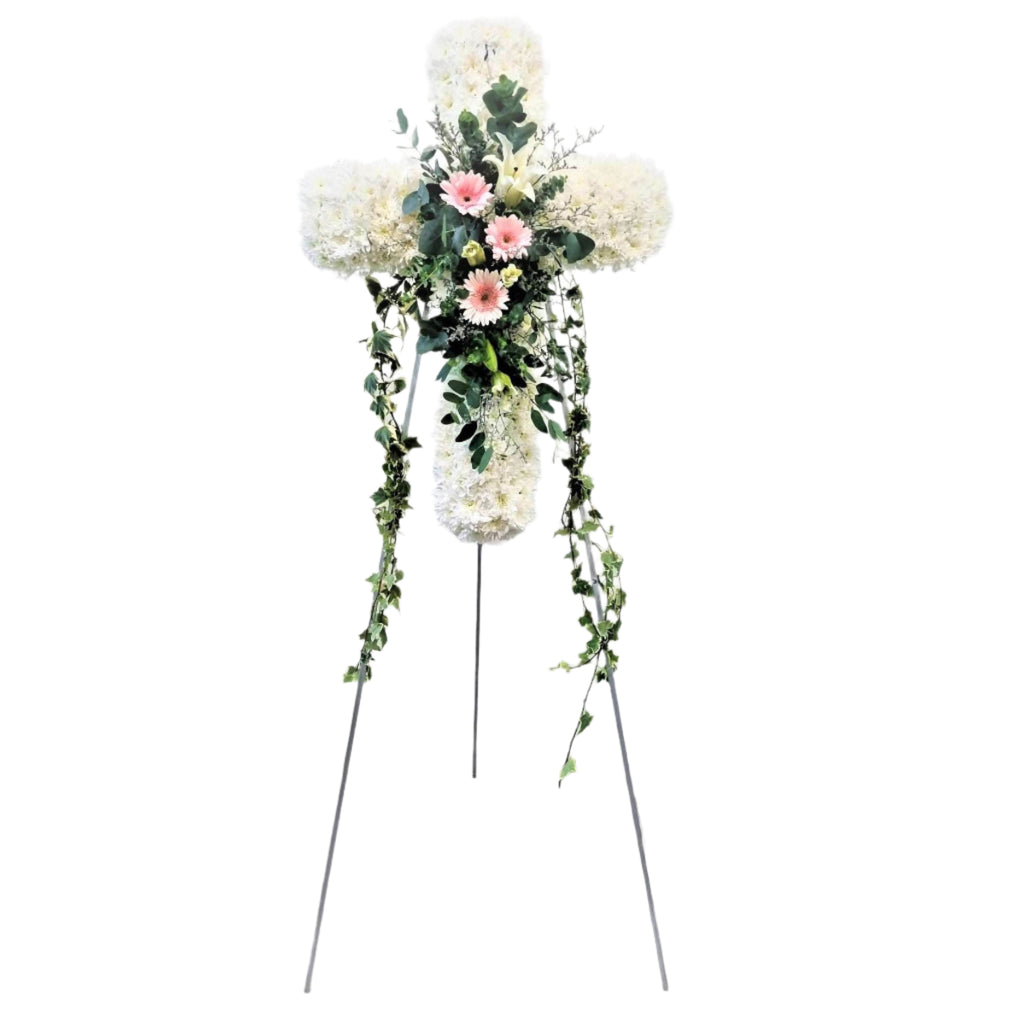 Cross Wreath with Gerber Daisies | C420 - Jade Valley Gifts & Floral Design Centre
