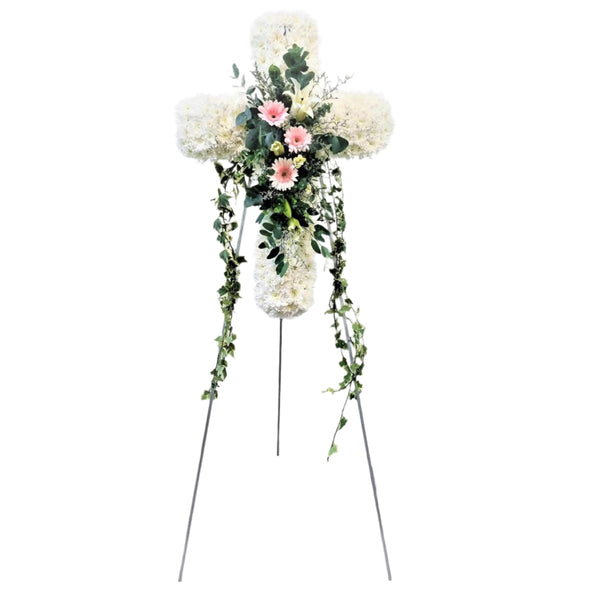 Cross Wreath with Gerber Daisies | C420 - Jade Valley Gifts & Floral Design Centre