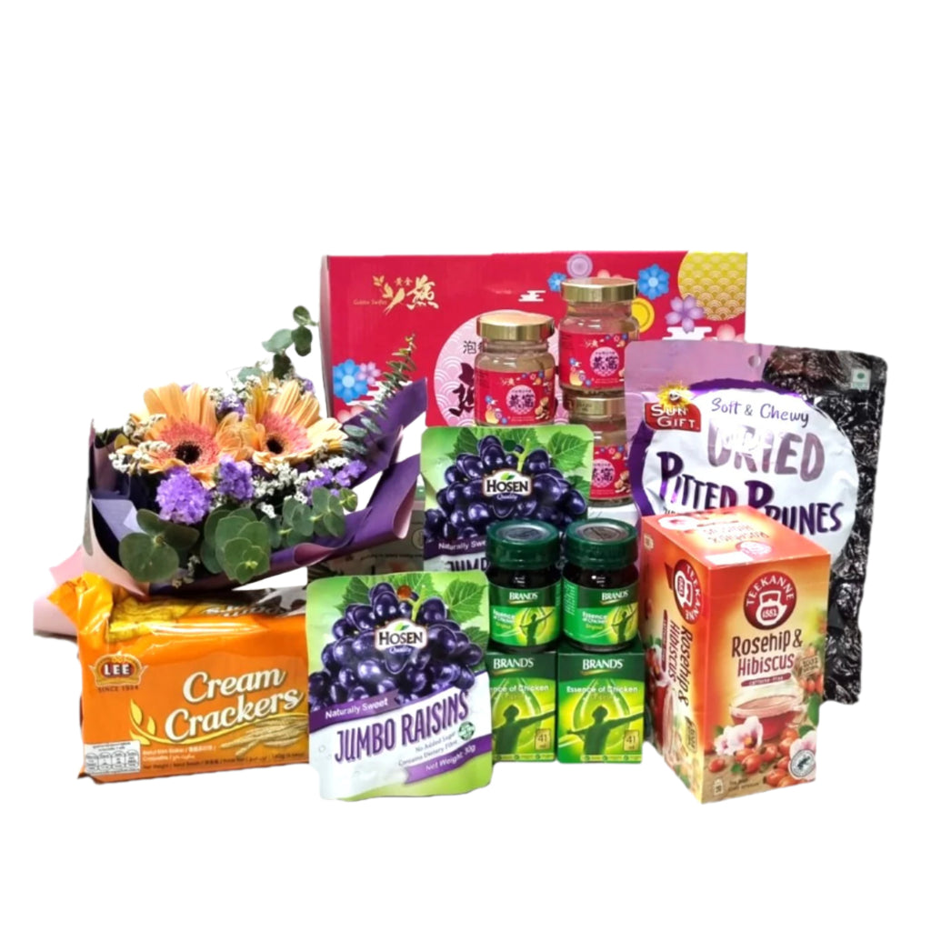Health Foods Hamper with Bouquet|HF241 - Jade Valley Gifts & Floral Design Centre