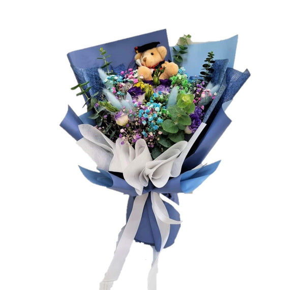Graduation Bear with Purple Eustoma & Baby's Breath Bouquet | BQ147 - Jade Valley Gifts & Floral Design Centre
