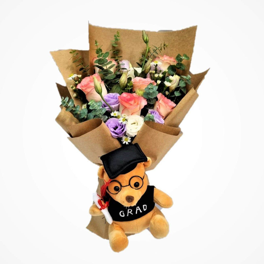 Graduation Bear with Roses Hand Bouquet | BQ145 - Jade Valley Gifts & Floral Design Centre