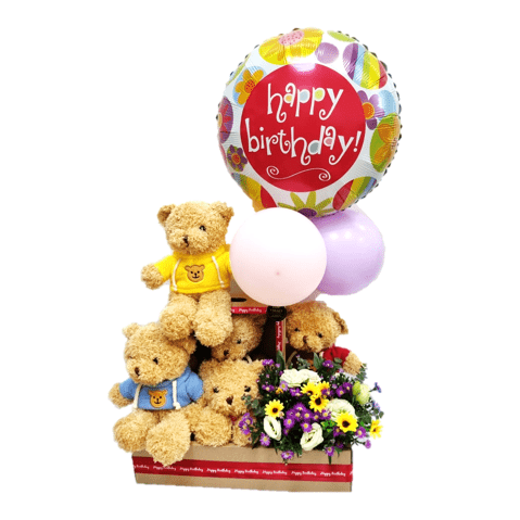 Teddy Tower Birthday Hamper 30cm with Balloons  | GT249 - Jade Valley Gifts & Floral Design Centre