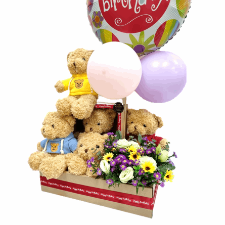 Teddy Tower Birthday Hamper 30cm with Balloons  | GT249 - Jade Valley Gifts & Floral Design Centre