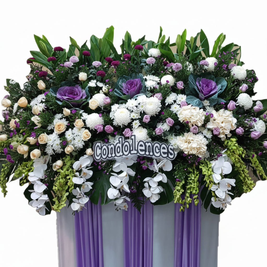 A large floral condolence arrangement in a white and purple draped basket, featuring white orchids, purple and white roses, carnations, and green foliage, with a 'Condolences' sign in the center, shown against a plain white background.
