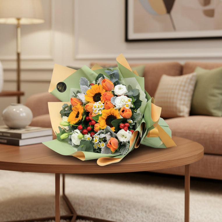 Tulips with Sunflowers Hand Bouquet  | BQ161 - Jade Valley Gifts & Floral Design Centre