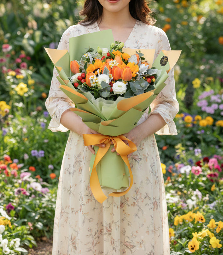 Tulips with Sunflowers Hand Bouquet  | BQ161 - Jade Valley Gifts & Floral Design Centre