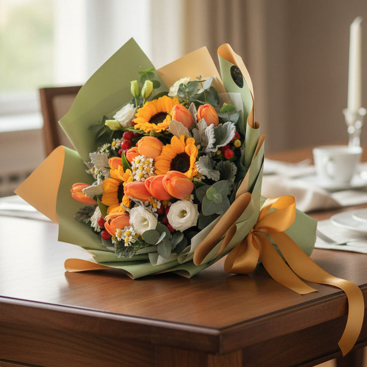 Tulips with Sunflowers Hand Bouquet  | BQ161 - Jade Valley Gifts & Floral Design Centre