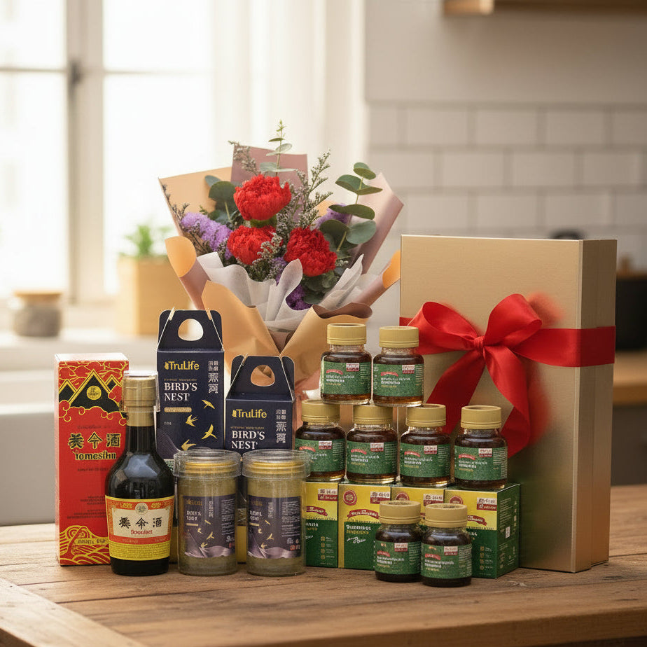 Premium Health Food Hamper with Bouquet | HF253 - Jade Valley Gifts & Floral Design Centre