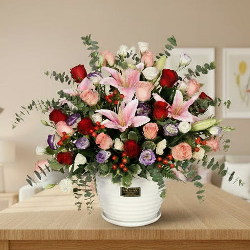 French Roses & Lilies Table Arrangement | TB136 - Jade Valley Gifts & Floral Design Centre