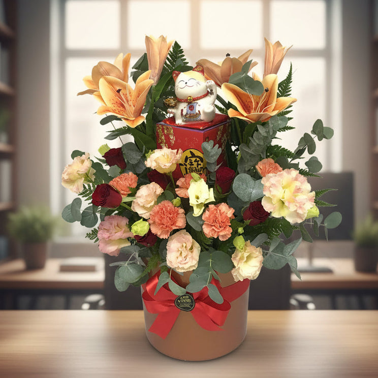 Congratulatory Grand Opening Flower with Lucky Cat | FO233 - Jade Valley Gifts & Floral Design Centre