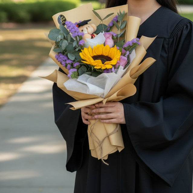 Graduation Hand Bouquet with Roses and Sunflowers | BQ142 - Jade Valley Gifts & Floral Design Centre