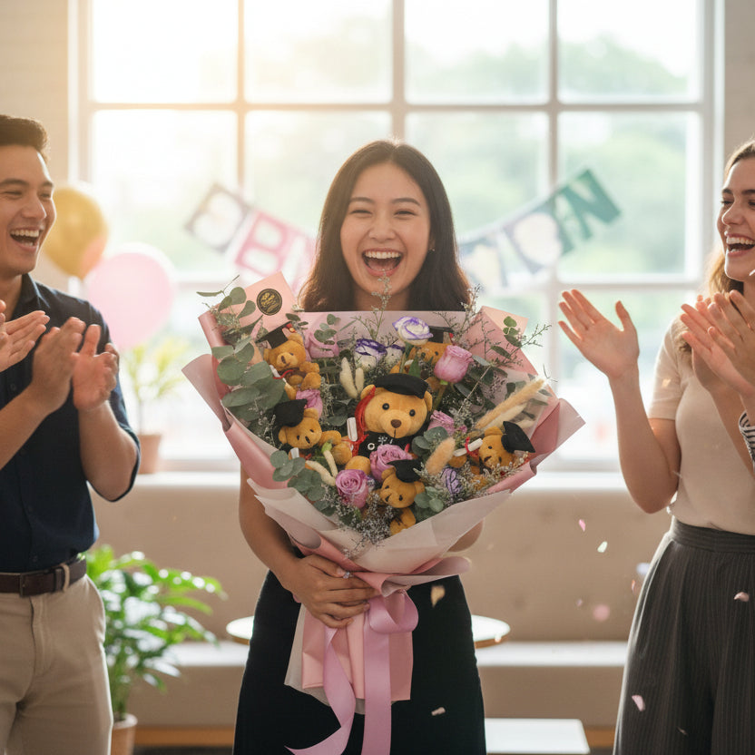 All Graduation bears Hand Bouquet | BQ166 - Jade Valley Gifts & Floral Design Centre