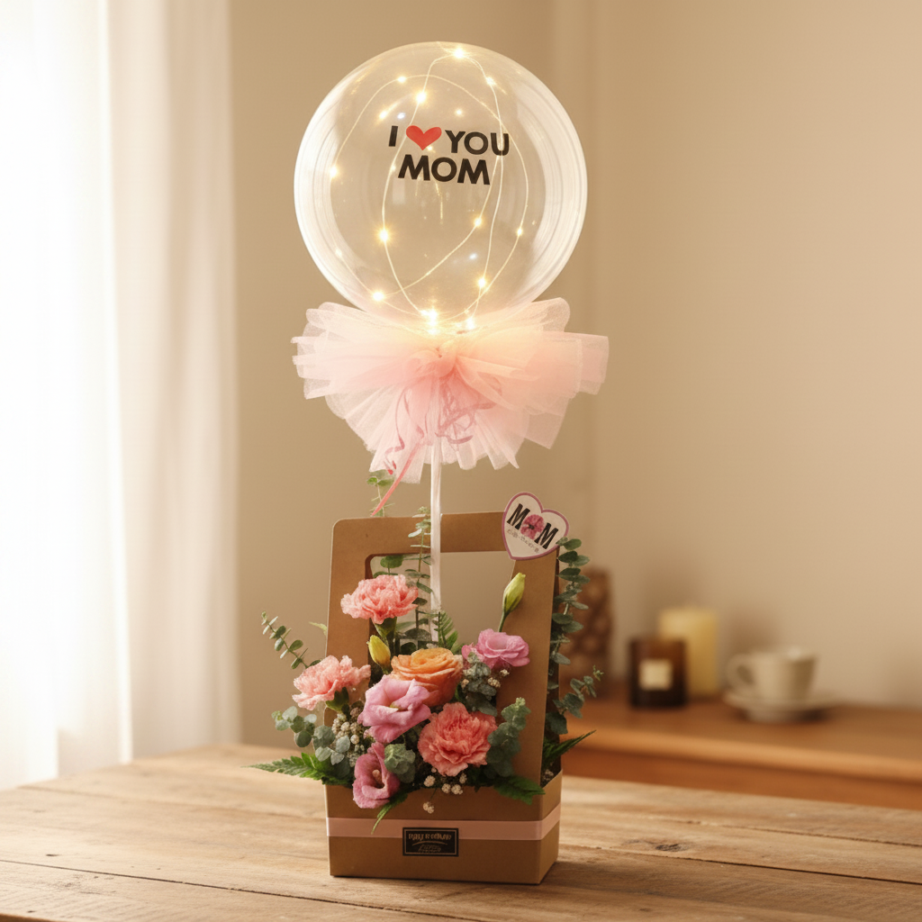 'I love Mom' Light Up Balloon with Fresh Cut Flowers | GT276A-B - Jade Valley Gifts & Floral Design Centre