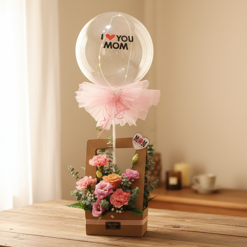 'I love Mom' Light Up Balloon with Fresh Cut Flowers | GT276A-B - Jade Valley Gifts & Floral Design Centre