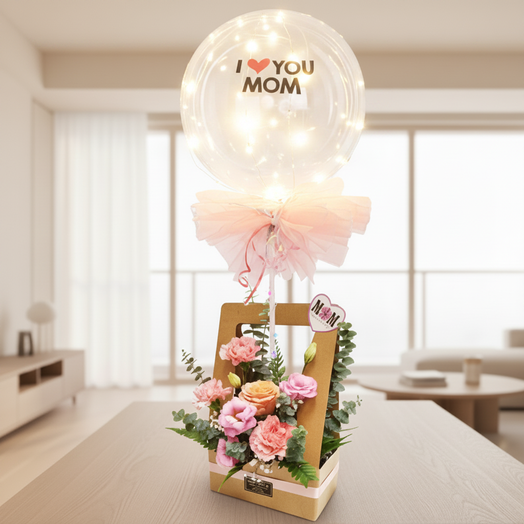 'I love Mom' Light Up Balloon with Fresh Cut Flowers | GT276A-B - Jade Valley Gifts & Floral Design Centre
