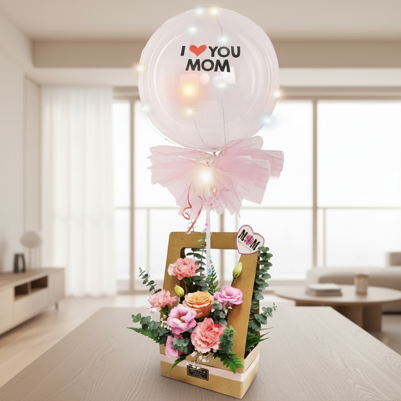 'I love Mom' Light Up Balloon with Fresh Cut Flowers | GT276A-B - Jade Valley Gifts & Floral Design Centre