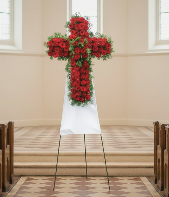Cross Wreath with All Red Roses | C439 - Jade Valley Gifts & Floral Design Centre