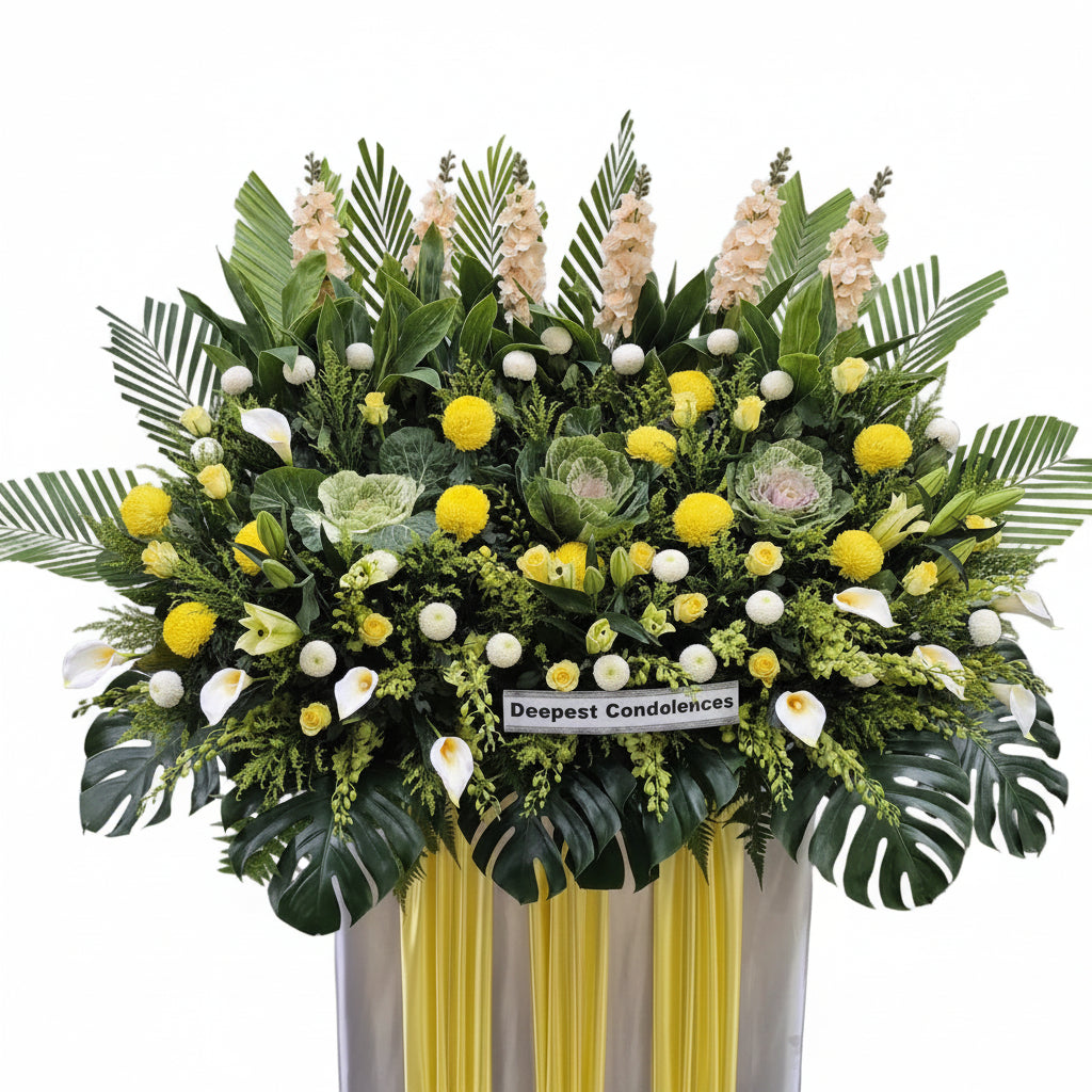 A large floral arrangement for condolence, featuring yellow and white flowers, green foliage, and tall yellow drapes on a white and yellow stand, with a sign reading 'Deepest Condolence'.