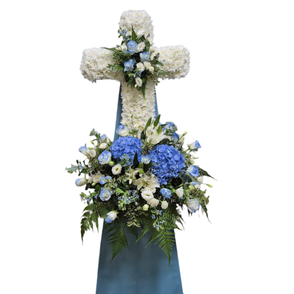 Cross Wreath with Hydranga & Eustoma | C438 - Jade Valley Gifts & Floral Design Centre