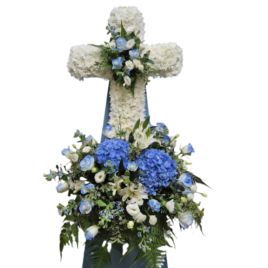 Cross Wreath with Hydranga & Eustoma | C438 - Jade Valley Gifts & Floral Design Centre