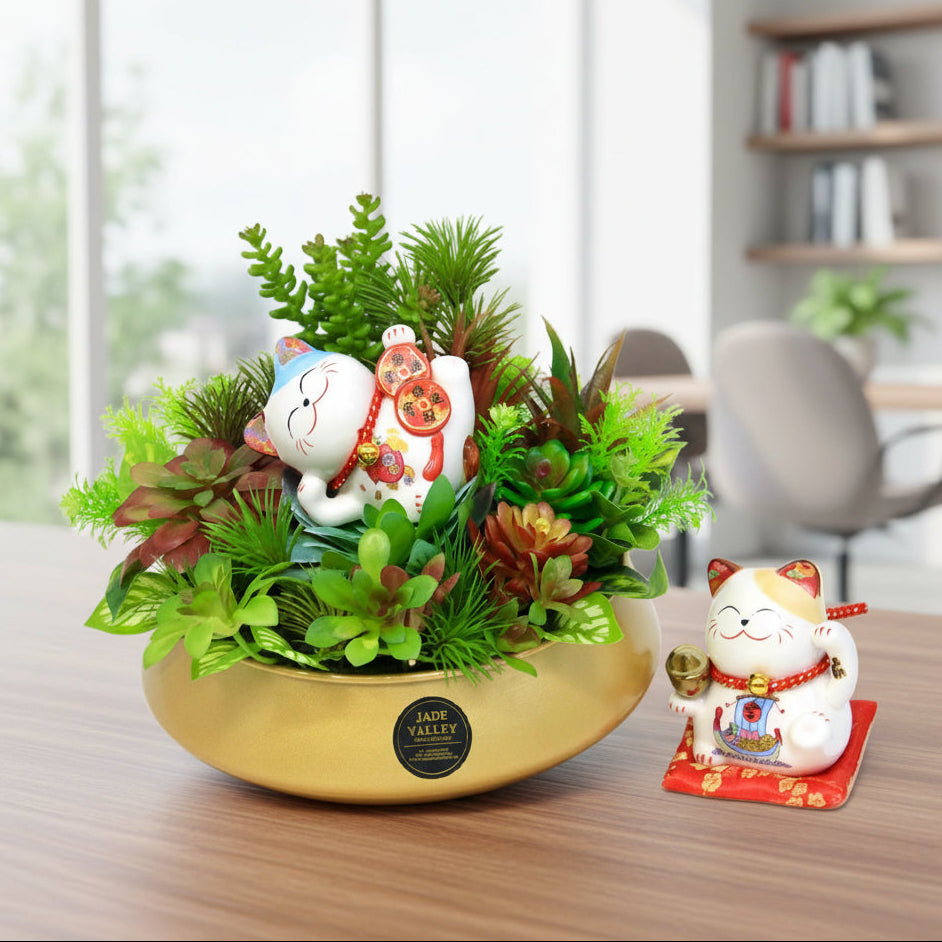CNY Succulent Flower with Lucky Cat | CN826 - Jade Valley Gifts & Floral Design Centre