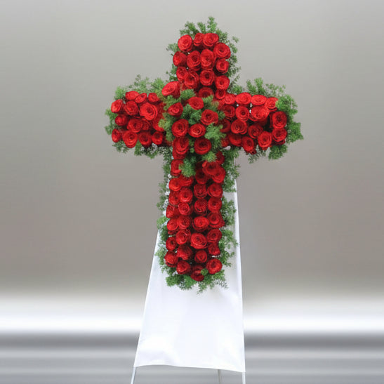 Cross Wreath with All Red Roses | C439 - Jade Valley Gifts & Floral Design Centre
