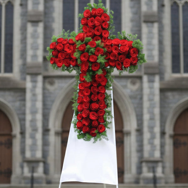 Cross Wreath with All Red Roses | C439 - Jade Valley Gifts & Floral Design Centre