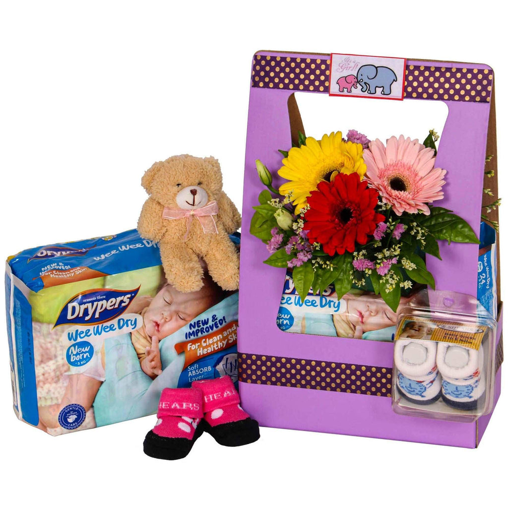 Baby Shoes and Gerbera Daisies in Baby Hamper | B250 - Jade Valley Gifts & Floral Design Centre