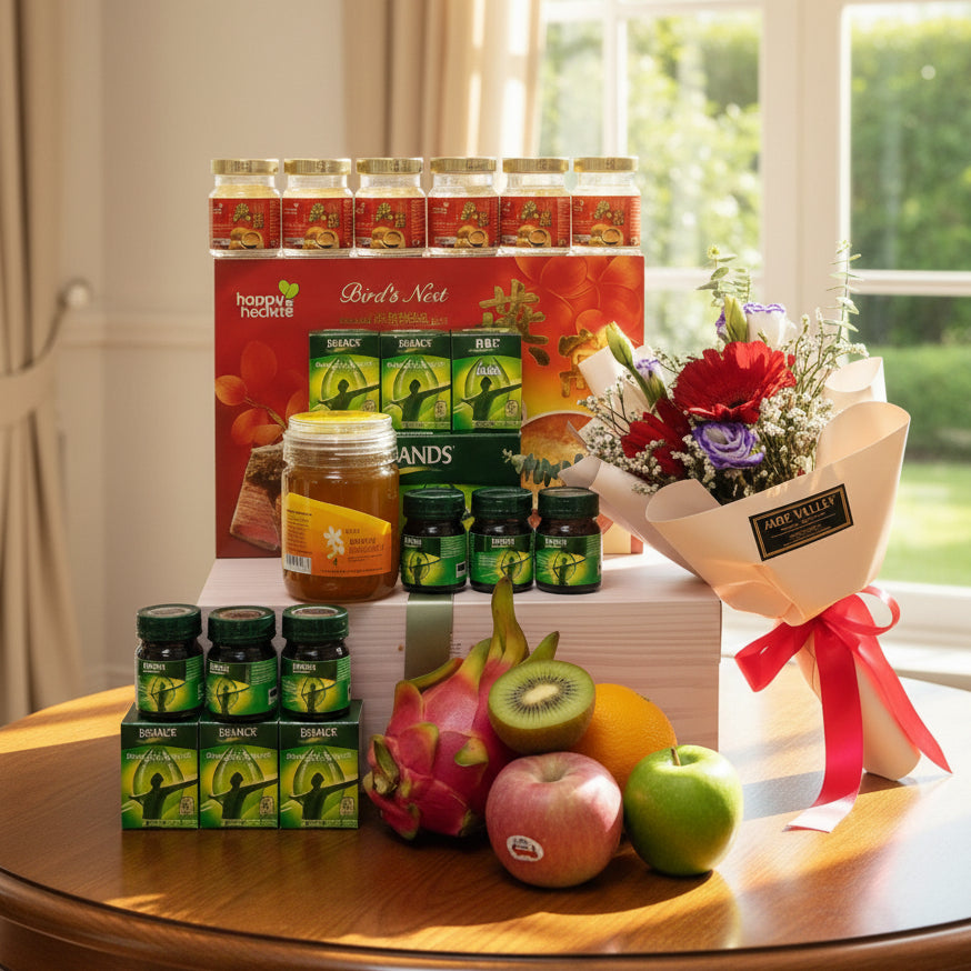 Health Foods Hamper with Bouquet|HF245 - Jade Valley Gifts & Floral Design Centre