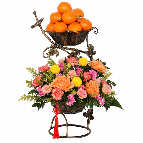 CNY Mandarin Oranges & Fresh Cut Florals Tower | CN323 - Jade Valley Gifts & Floral Design Centre