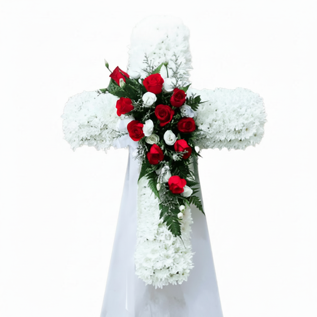 Cross Wreath with Fresh Cut Roses  | C425 - Jade Valley Gifts & Floral Design Centre