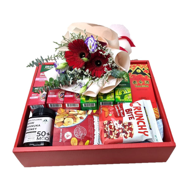 Health Foods Hamper with Bouquet|HF243 - Jade Valley Gifts & Floral Design Centre