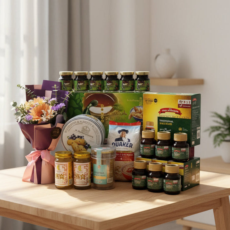 Health Foods Hamper with Bouquet|HF242 - Jade Valley Gifts & Floral Design Centre