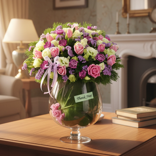 Roses, Eustoma, Carnations & Statics in Glass Vase| TB141 - Jade Valley Gifts & Floral Design Centre