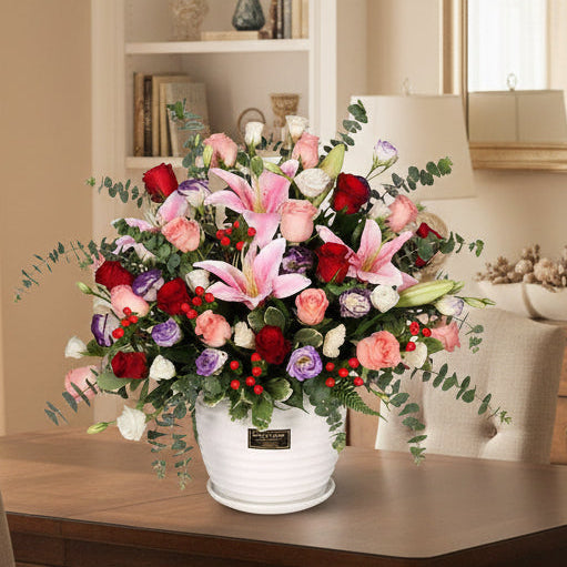 French Roses & Lilies Table Arrangement | TB136 - Jade Valley Gifts & Floral Design Centre