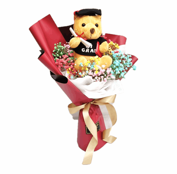 Graduation Bear with Baby's Breath Bouquet | BQ141 - Jade Valley Gifts & Floral Design Centre