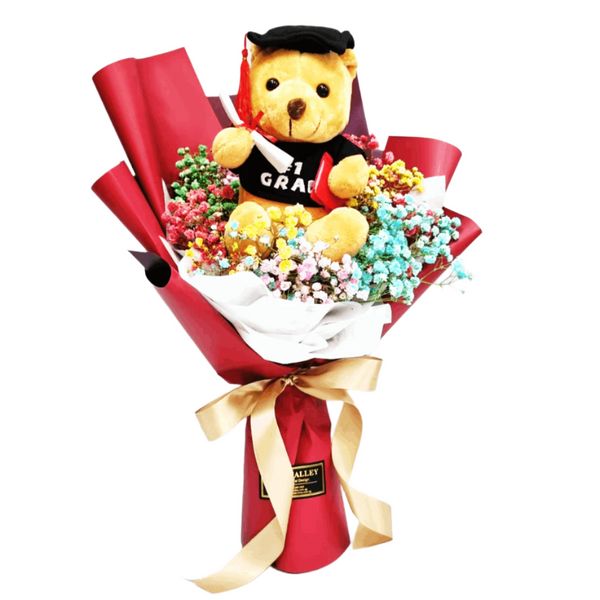 Graduation Bear with Baby's Breath Bouquet | BQ141 - Jade Valley Gifts & Floral Design Centre