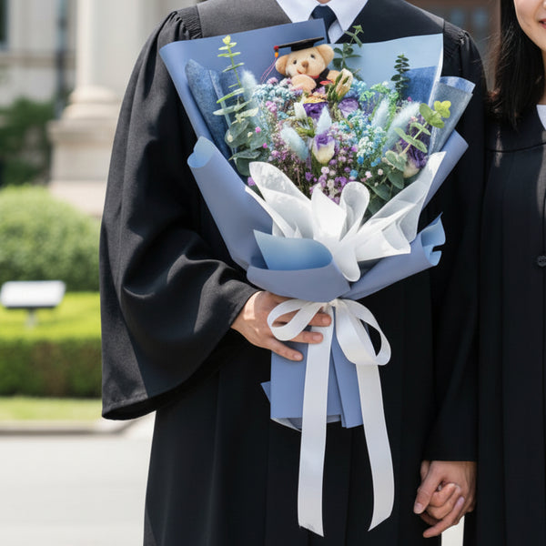 Graduation Bear with Purple Eustoma & Baby's Breath Bouquet | BQ147 - Jade Valley Gifts & Floral Design Centre