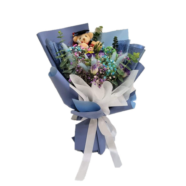 Graduation Bear with Purple Eustoma & Baby's Breath Bouquet | BQ147 - Jade Valley Gifts & Floral Design Centre