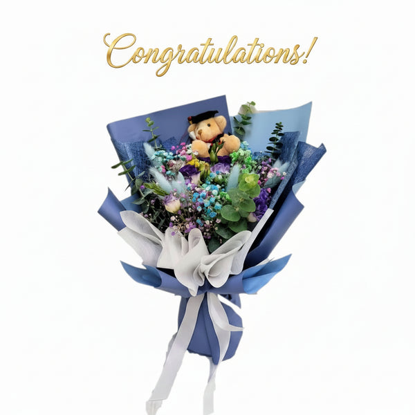 Graduation Bear with Purple Eustoma & Baby's Breath Bouquet | BQ147 - Jade Valley Gifts & Floral Design Centre