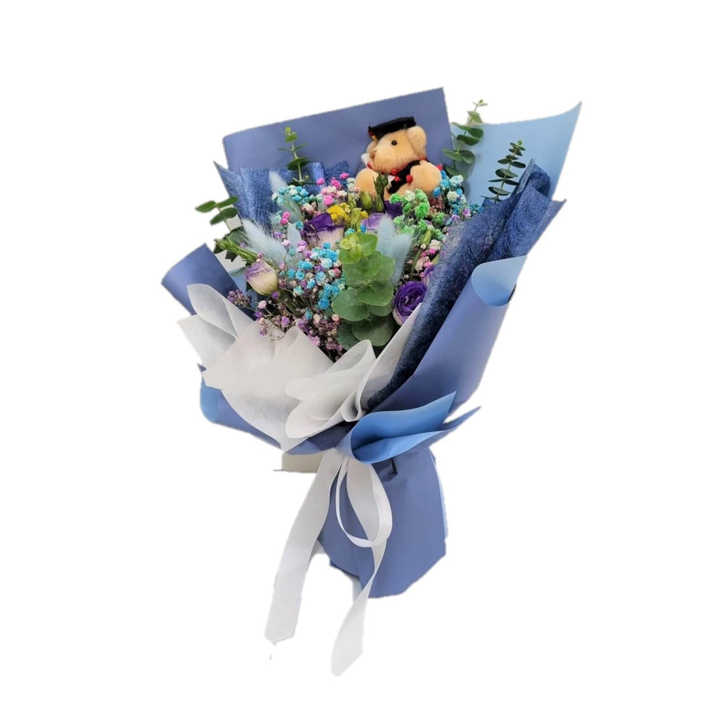 Graduation Bear with Purple Eustoma & Baby's Breath Bouquet | BQ147 - Jade Valley Gifts & Floral Design Centre