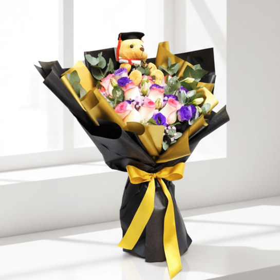 Graduation Bear with Roses Hand Bouquet | BQ143 - Jade Valley Gifts & Floral Design Centre